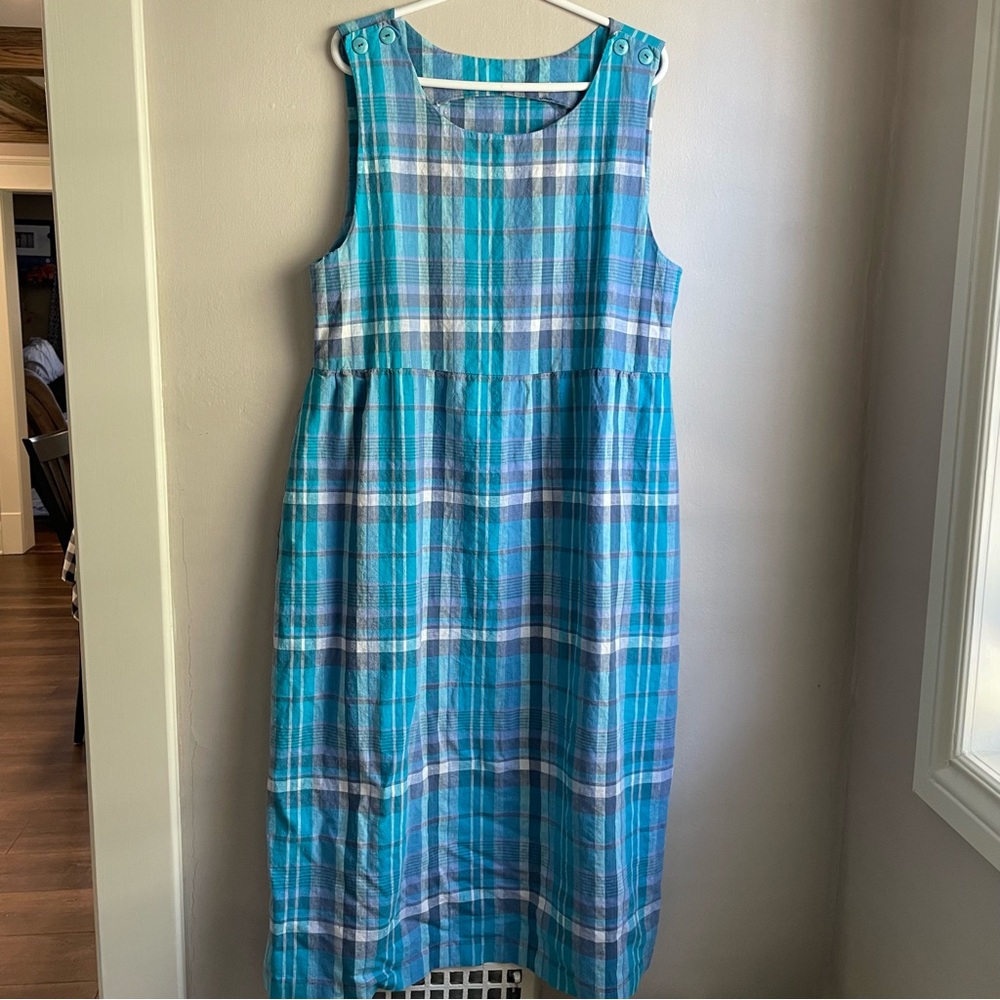 Handmade Vintage Plaid Maxi Dress Teal Blue Cotton Cottagecore XL Pinafore